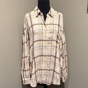 We The Free Women’s Small Oversized Plaid Button Down Shirt - Cream and Brown